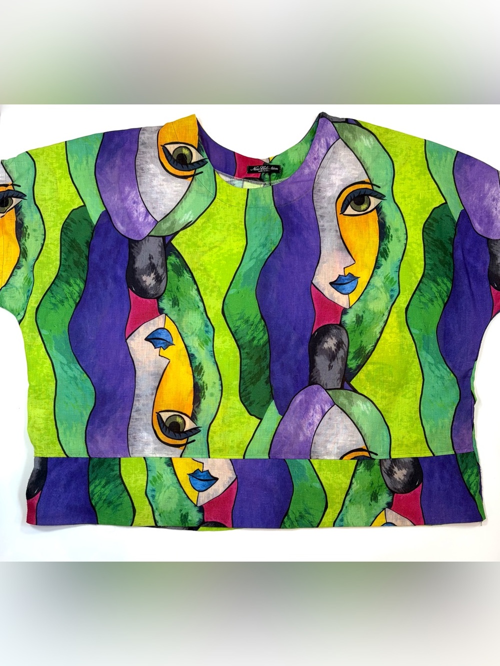 Made In Italy 100% Linen Abstract Face Print Top Womens L Art To Wear Lagenlook
